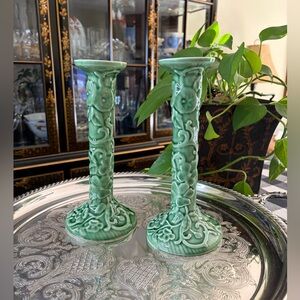 Vintage Bordallo Pinheiro Cabbage Ware Candlesticks, Green